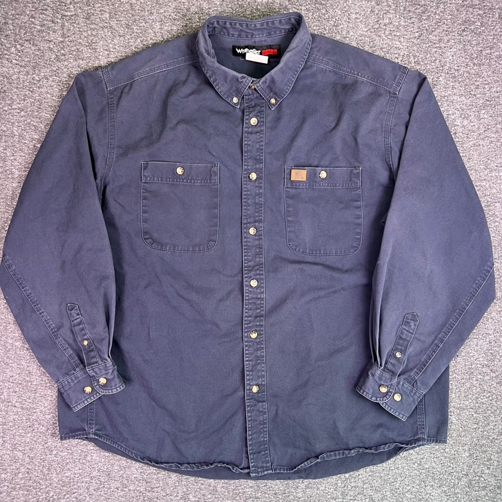 Wrangler Riggs Shirt Mens 2XL Blue Workwear  Button‎ Down Long Sleeve Cotton